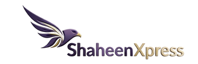 ShaheenXpress logo featuring a stylized purple eagle head with a wing on the left and the brand name 'ShaheenXpress' in purple and gold text on a white background.